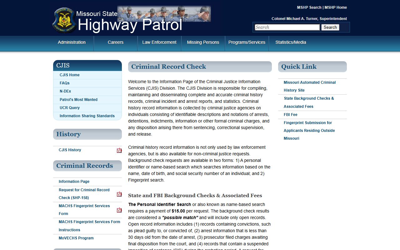 Lincoln County criminal court records Missouri State Highway Patrol criminal record checks